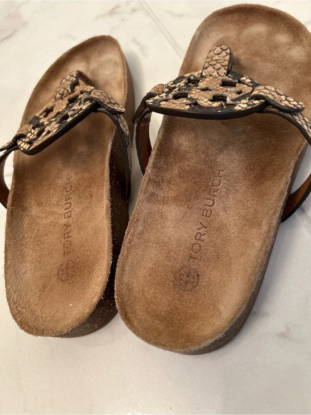 Tory Burch Snake-Print Logo Thong Sandals cork foot bed